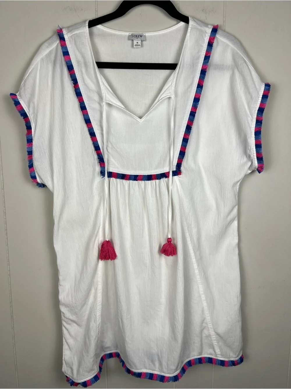 J. Crew White V-Neck Tunic with Pink and Blue Trim